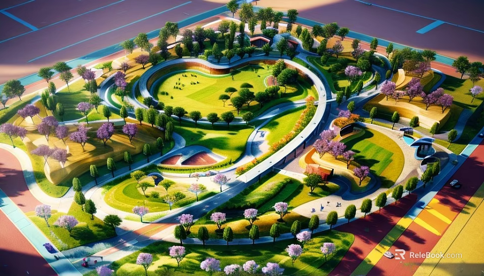 Scenic Park Landscape With Lush Green Lawns Winding Paths And Blooming Cherry Trees 3d model 