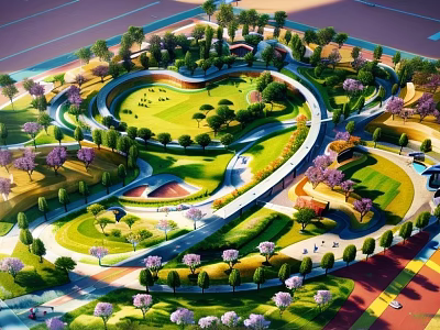 Scenic Park Landscape With Lush Green Lawns Winding Paths And Blooming Cherry Trees 3d model