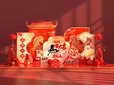 Chinese New Year Photo Spot With Dragon Lion Dance Traditional Red Decorations 2024 3d model