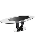 Modern Oval Glass Top Dining Table Set With Six Black Upholstered Chairs