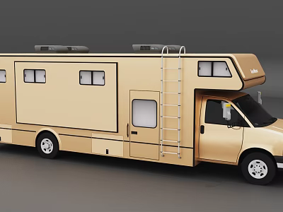 Practical Golden Functional Vehicle with Ladder Multiple Windows and Roof Rack 3d model