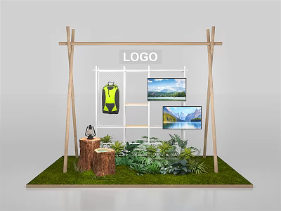 Exhibition Booth With Wooden Frame Logo Yellow Vest Scenic Screens Tree Stump And Green Plants 3d model