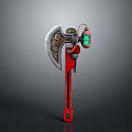 Futuristic Axe Shaped Weapon With Red Handle Metallic Blades And Green Glowing Component