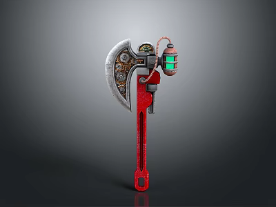 Futuristic Axe Shaped Weapon With Red Handle Metallic Blades And Green Glowing Component 3d model