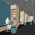 Modern Office Corridor with Blue Walls Wooden Shelves Round Stools and Open Culture Sign