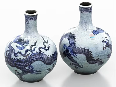 Traditional Blue And White Flower Vases With Intricate Dragon Pattern For Home Decor 3d model