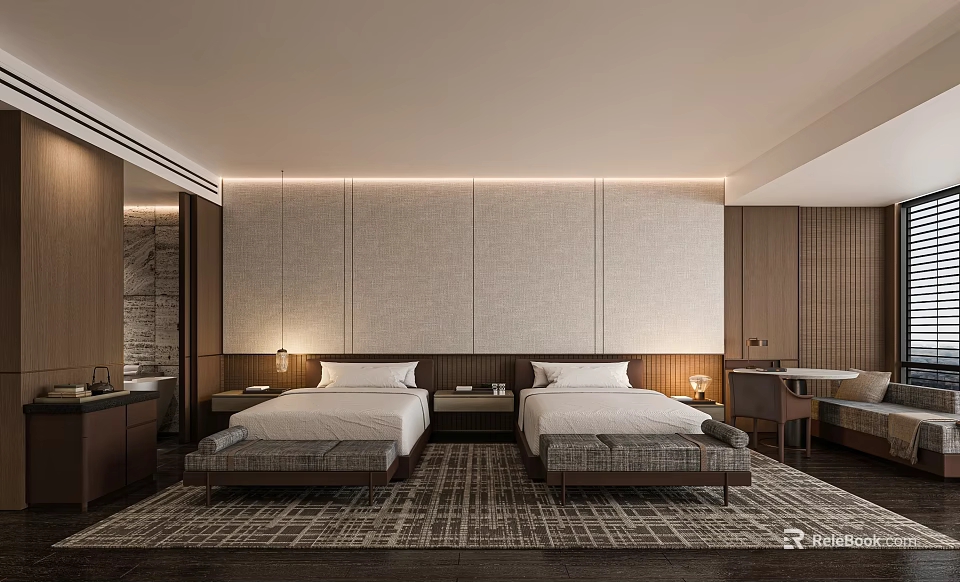 Hotel Guest Room Interior With Twin Beds Bedside Lamps Wooden Benches And Textured Fabric Wall 3d model 