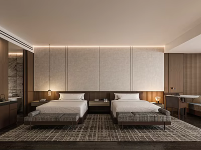 Hotel Guest Room Interior With Twin Beds Bedside Lamps Wooden Benches And Textured Fabric Wall 3d model