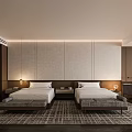 Hotel Guest Room Interior With Twin Beds Bedside Lamps Wooden Benches And Textured Fabric Wall