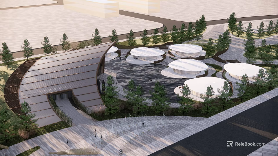 Modern Sales Office Building Exterior With Circular Roofs And Surrounding Trees 3d model 