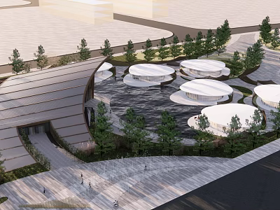 Modern Sales Office Building Exterior With Circular Roofs And Surrounding Trees 3d model
