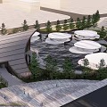 Modern Sales Office Building Exterior With Circular Roofs And Surrounding Trees
