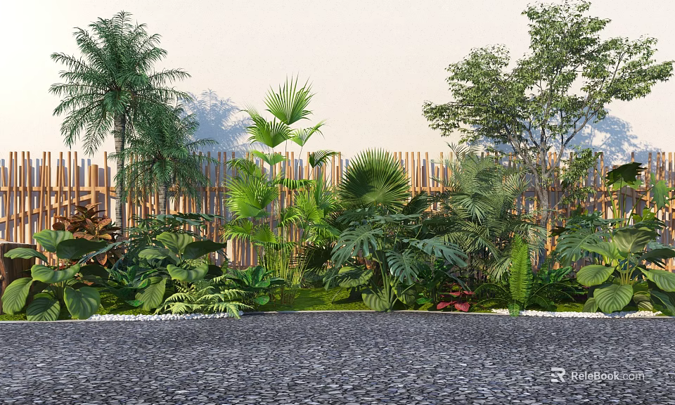 Lush Tropical Plant Combination Featuring Palm Trees Large Leaf Shrubs And Wooden Fence 3d model 