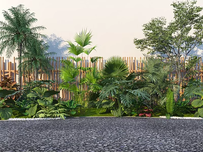 Lush Tropical Plant Combination Featuring Palm Trees Large Leaf Shrubs And Wooden Fence 3d model
