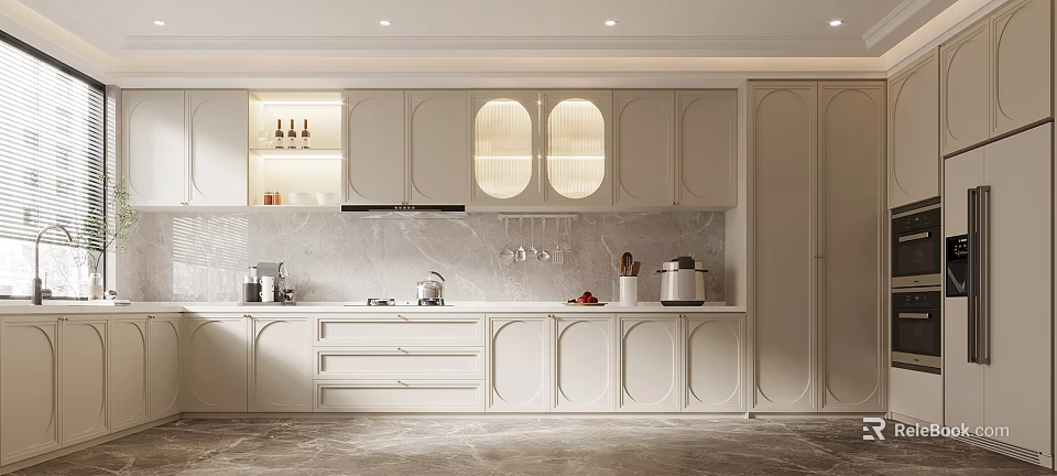 Modern Kitchen Interior With White Cabinets Marble Countertop Appliances And Soft Lighting 3d model 