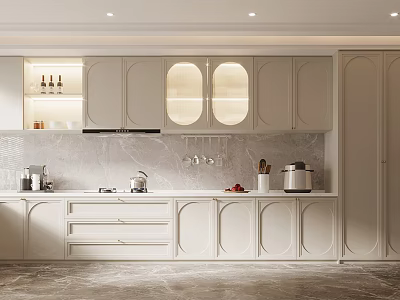 Modern Kitchen Interior With White Cabinets Marble Countertop Appliances And Soft Lighting 3d model