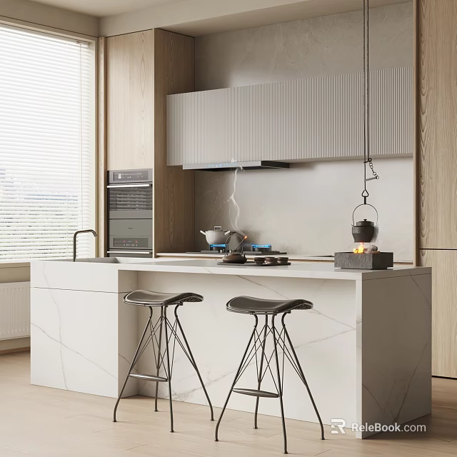 Modern Kitchen Bar Counter With Marble Top And Two Black Bar Stools 3d model