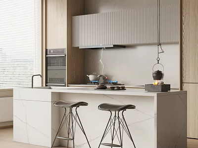 Modern Kitchen Bar Counter With Marble Top And Two Black Bar Stools 3d model