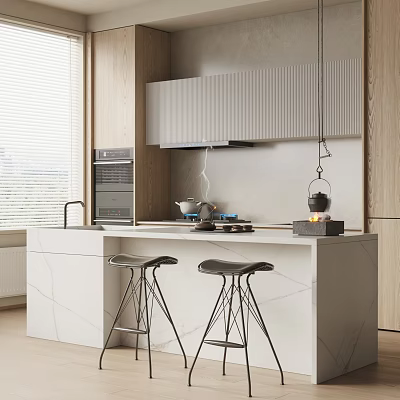Modern Kitchen Bar Counter With Marble Top And Two Black Bar Stools 3d model