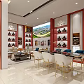Elegant Traditional Chinese Liquor Store Interior With Red Gold Decor Circular Display Central Counter And Wooden Shelves