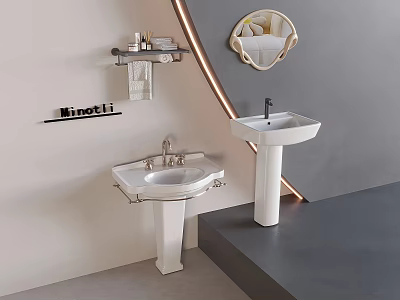 Modern Bathroom Design with Two White Washbasins Wall Mounted Shelf Towel Toiletries and Round Mirror 3d model