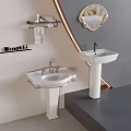 Modern Bathroom Design with Two White Washbasins Wall Mounted Shelf Towel Toiletries and Round Mirror