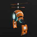 Orange Robot Character With Spherical Body Blue Glowing Eye Mechanical Legs And Propeller