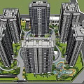 High Rise Residential Buildings With Circular Layout Green Area And Water Pool