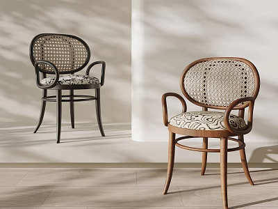 Classic Dining Chairs With Wicker Backrest Wooden Frame Armrests And Cushioned Seat 3d model