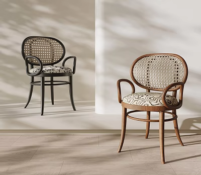 Classic Dining Chairs With Wicker Backrest Wooden Frame Armrests And Cushioned Seat 3d model