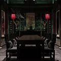 Traditional Chinese Hall Interior With Long Table Red Lanterns Hanging Painting And Gray Brick Walls