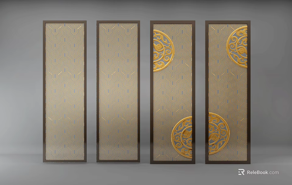 Chinese Style Room Dividers With Golden Circular Patterns And Geometric Background 3d model 