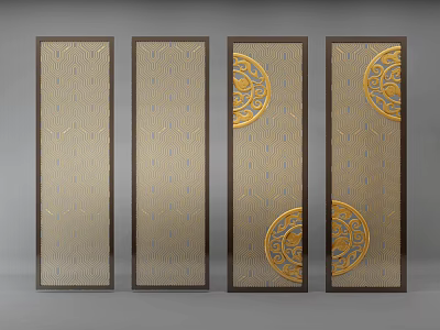 Chinese Style Room Dividers With Golden Circular Patterns And Geometric Background 3d model