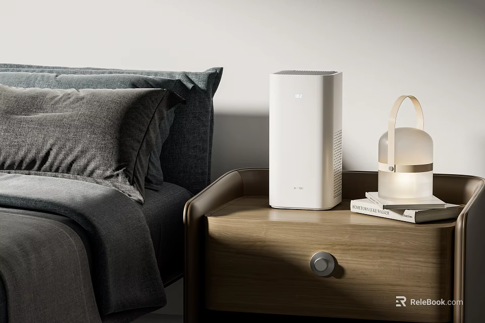 Modern White Air Purifier on Bedroom Nightstand with Lamp Books and Gray Bedding 3d model 