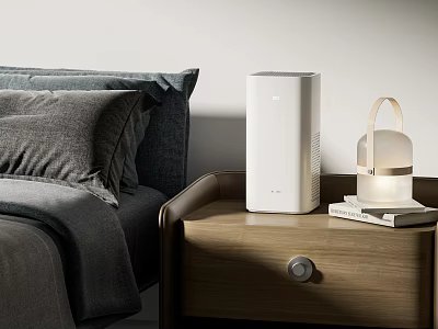Modern White Air Purifier on Bedroom Nightstand with Lamp Books and Gray Bedding 3d model