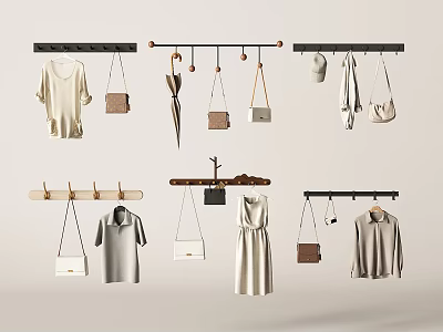 Various Styles of Wooden and Metal Clothes Hangers for Hanging Shirts Dresses and Bags 3d model