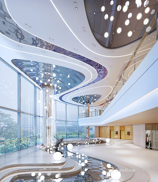 Modern Shopping Mall Lobby With Curved Ceiling Lighting And Glass Curtain Walls 3d model 