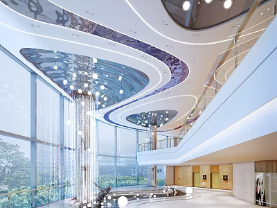 Modern Shopping Mall Lobby With Curved Ceiling Lighting And Glass Curtain Walls 3d model
