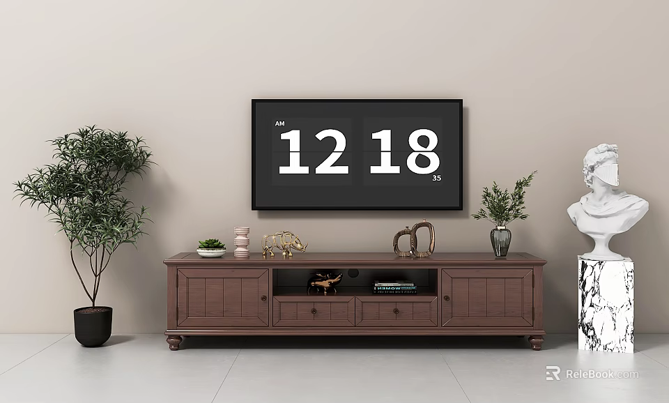 Wooden TV Stand in Living Room with TV Screen Potted Plants and Decorative Items 3d model 