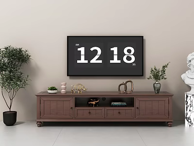 Wooden TV Stand in Living Room with TV Screen Potted Plants and Decorative Items 3d model