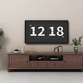 Wooden TV Stand in Living Room with TV Screen Potted Plants and Decorative Items