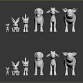 White Standing Animal Figurines Rabbit Dog Sheep Pig on Gray Background with Reflection