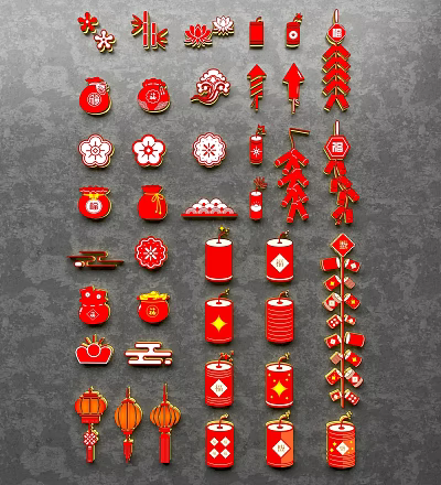 Traditional Chinese Festive Red Charms with Red Envelopes Lanterns Plum Blossoms And Fortune Symbols 3d model