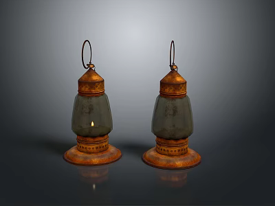 Vintage Copper Lanterns With Glass Shades Metal Hooks And Decorative Bases On Dark Background 3d model