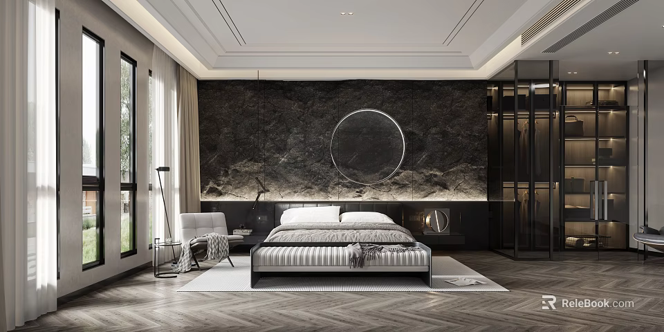 Modern Luxury Bedroom Interior With Marble Wall Round Mirror Ceiling Design And Herringbone Floor 3d model 