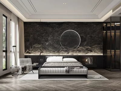 Modern Luxury Bedroom Interior With Marble Wall Round Mirror Ceiling Design And Herringbone Floor 3d model