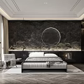 Modern Luxury Bedroom Interior With Marble Wall Round Mirror Ceiling Design And Herringbone Floor
