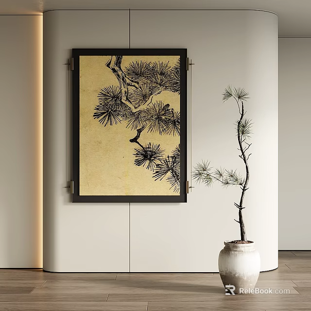 Pine Tree Painting In Minimalist Interior With Potted Pine Tree 3d model