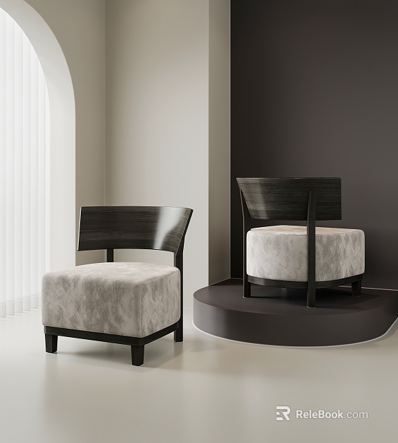 Two Modern Leisure Chairs With Dark Wooden Backrest And Light Upholstered Seat In Indoor Setting 3d model 