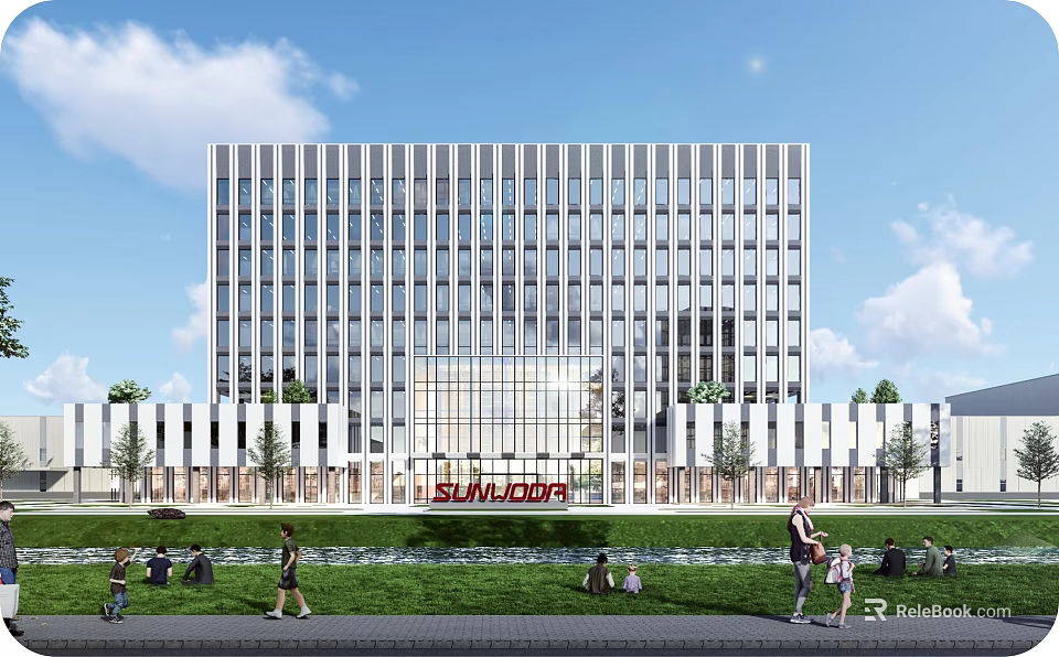 Modern Office Building With Glass Curtain Wall Surrounded By Lawn And People Walking 3d model 